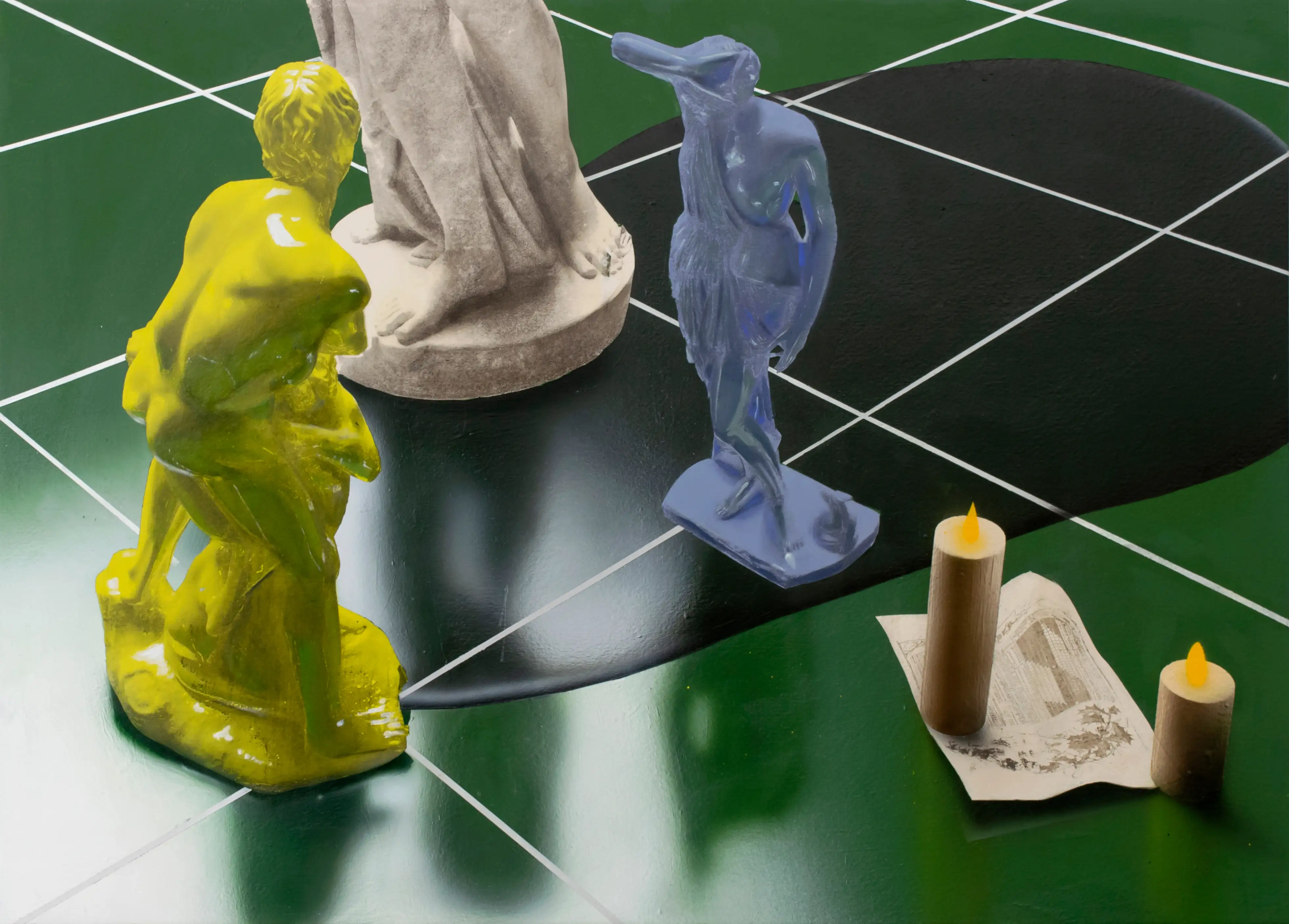 A painting of a couple of figurines sitting on top of a table.