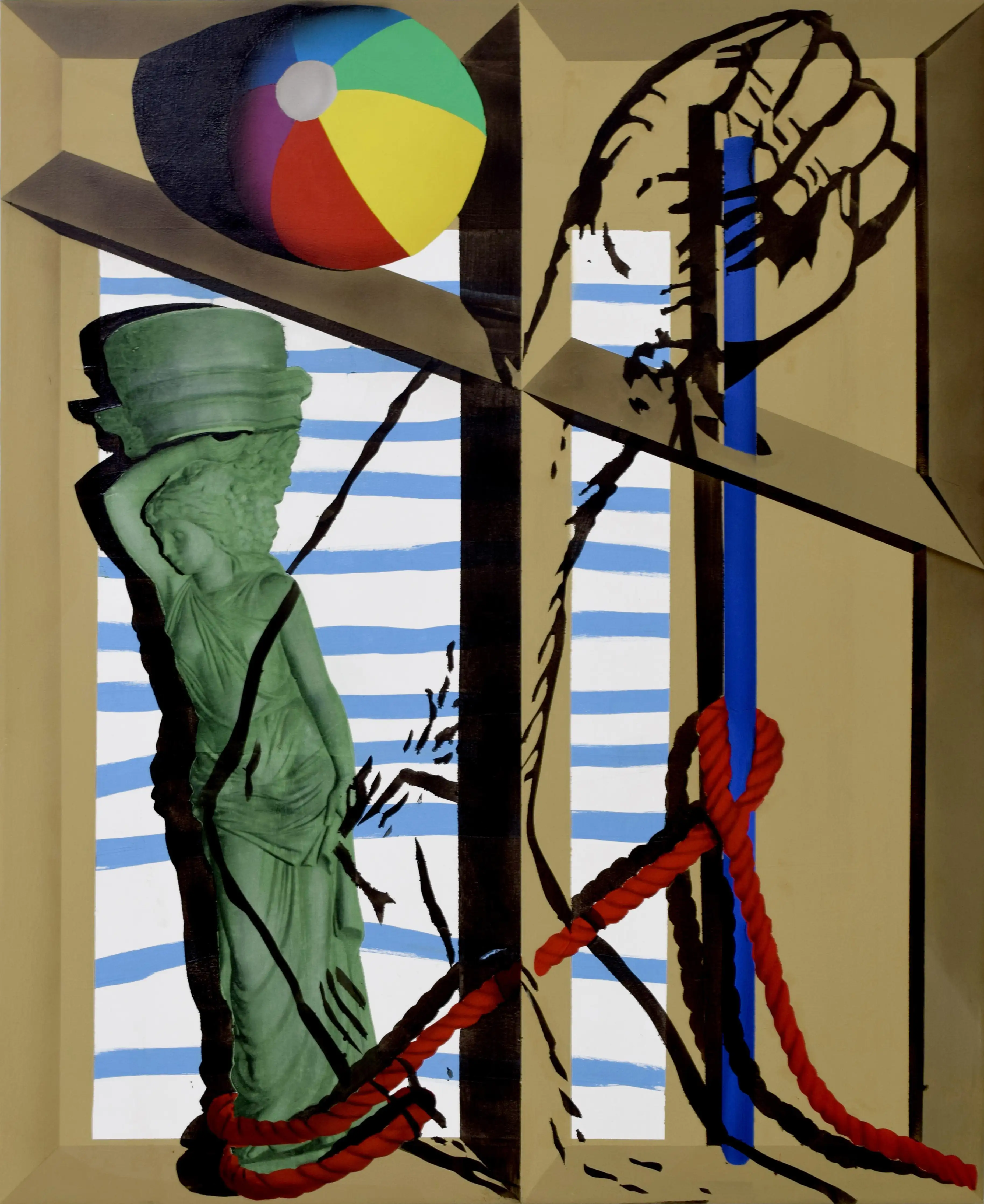 A painting of a statue and a beach ball.