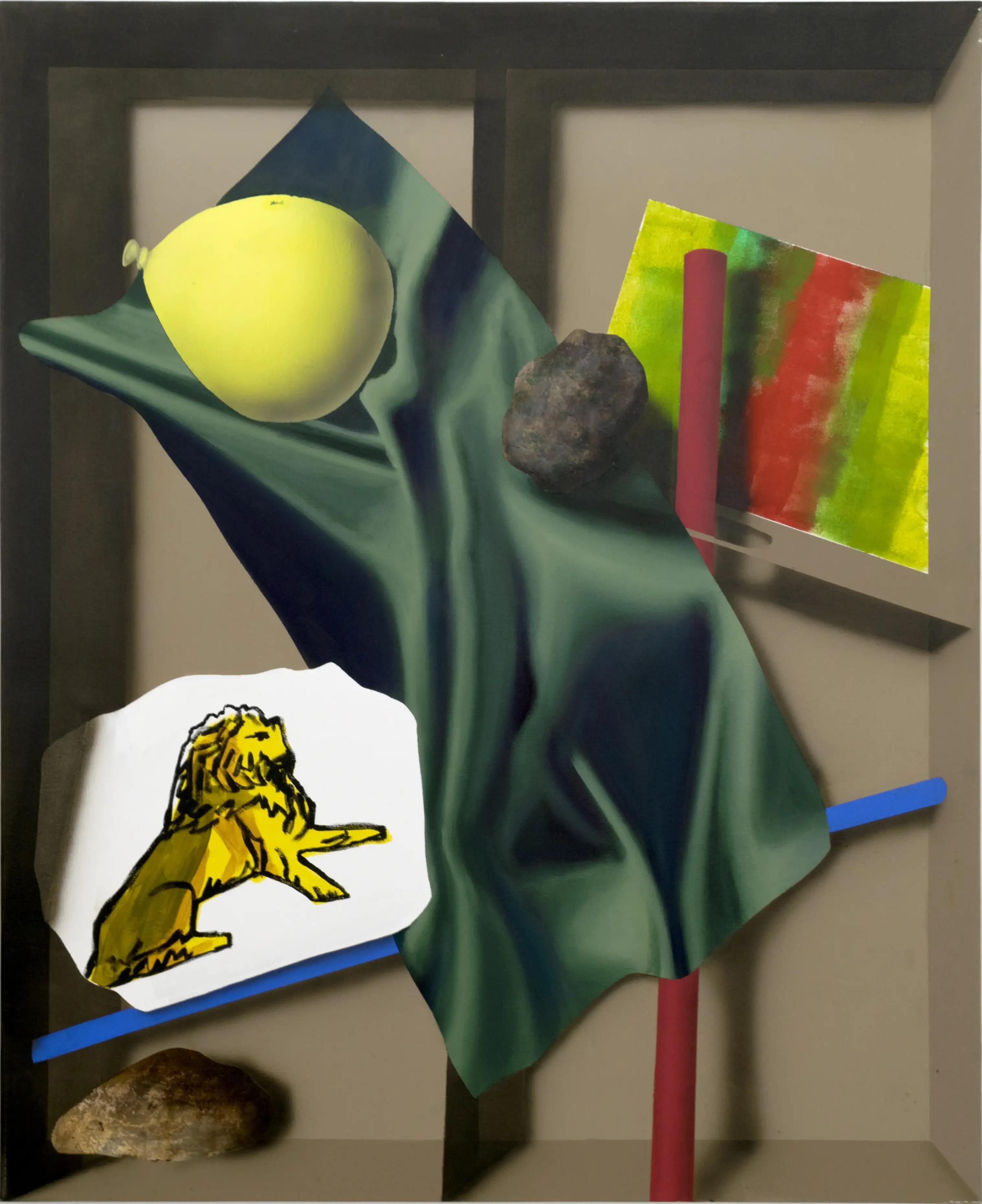 A painting of a yellow balloon in a box.