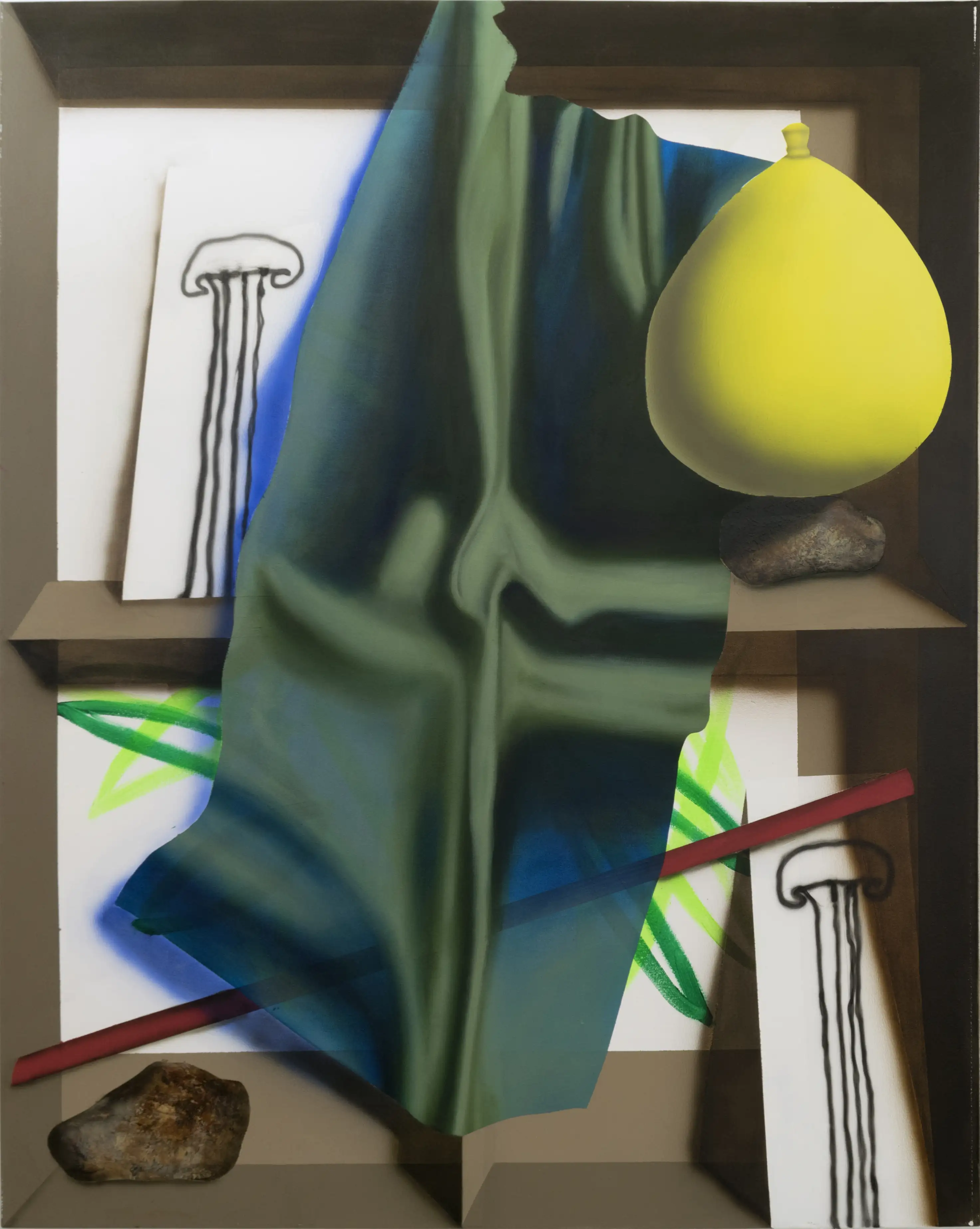 A painting of a green and yellow object on a shelf.