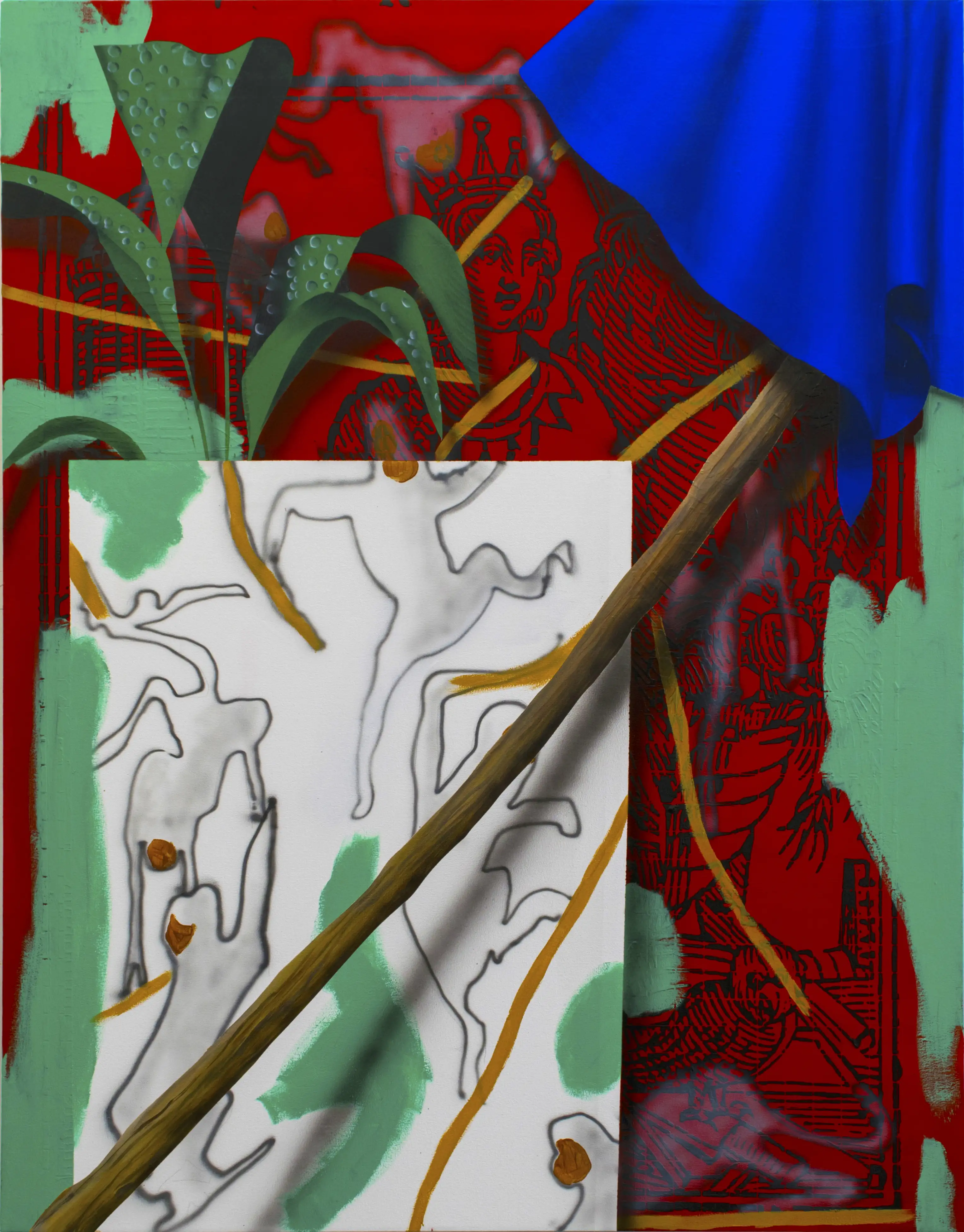 A painting of an assembly of objects including drawing, stick a blue fabric.