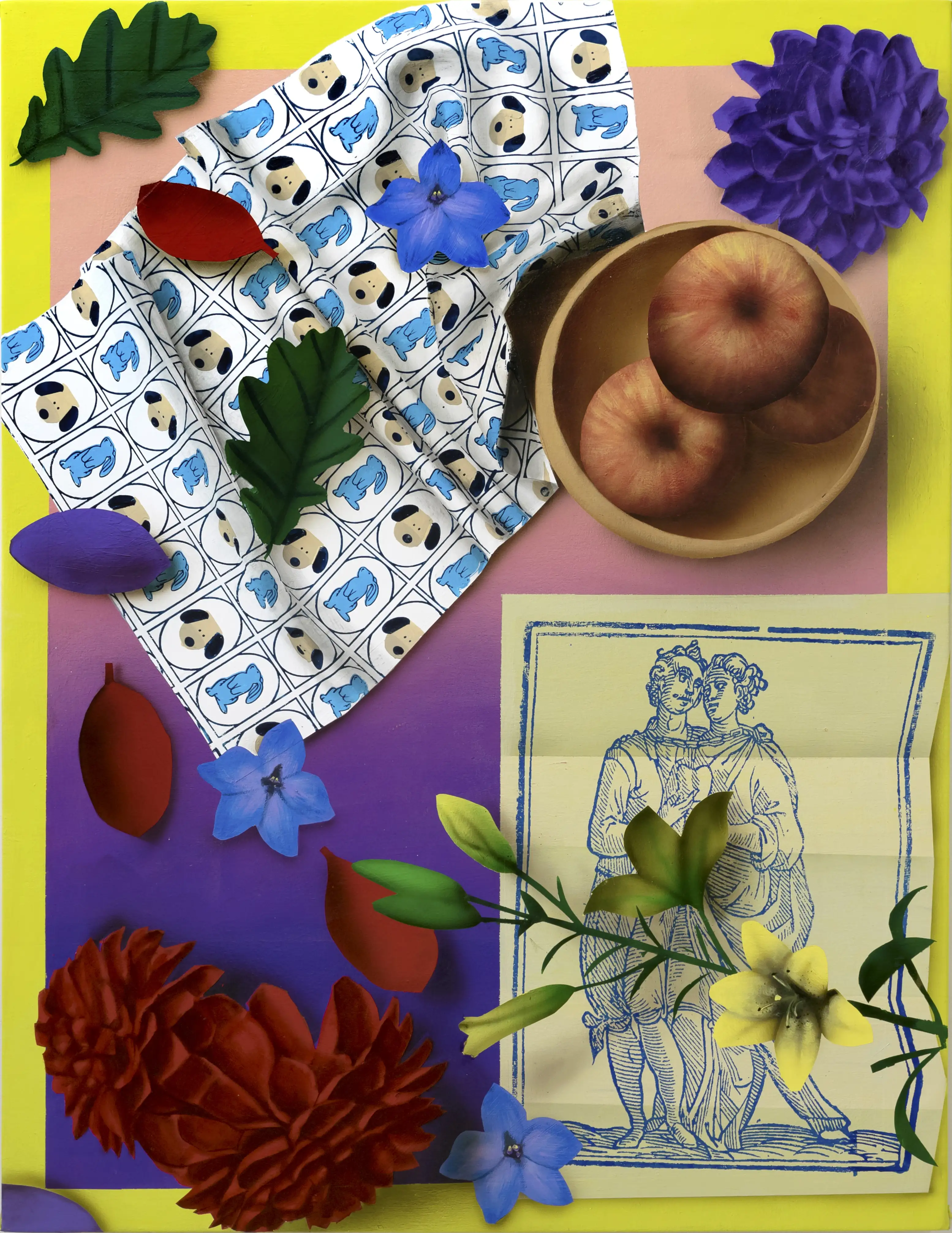 A painting of a few objects including a bowl with apples, drawing and flowers.