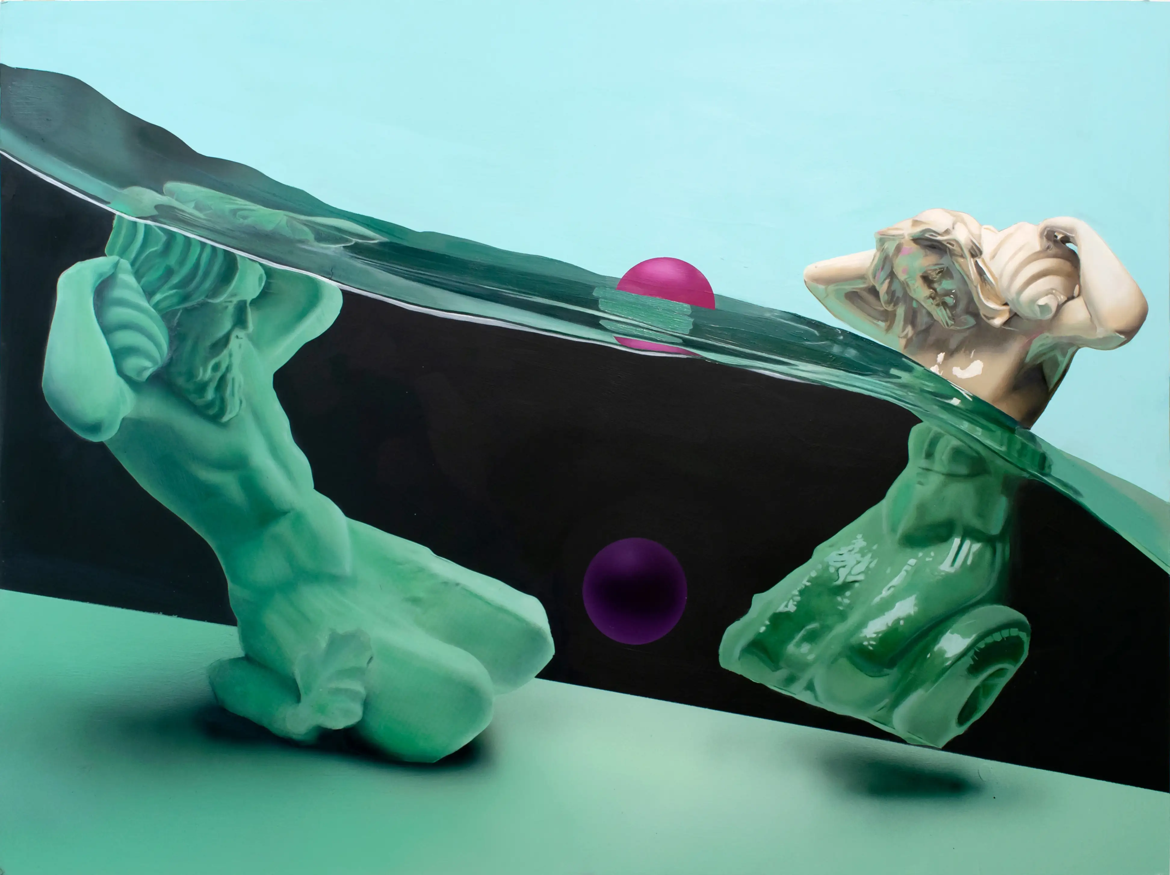 A painting of a two statues submerged in a pool with a ball.