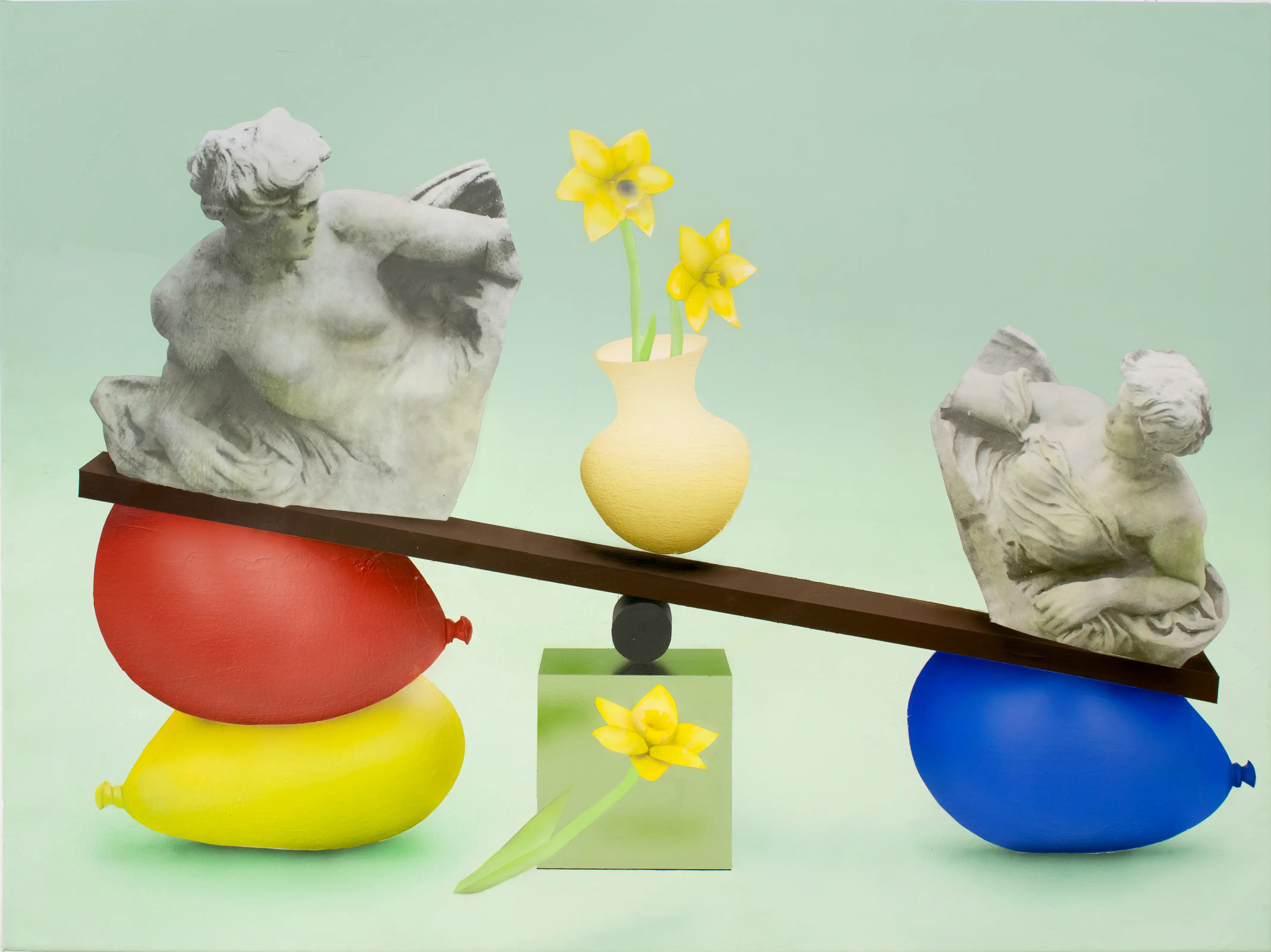 A painting of a two sculpture on a seesaw with a vase.