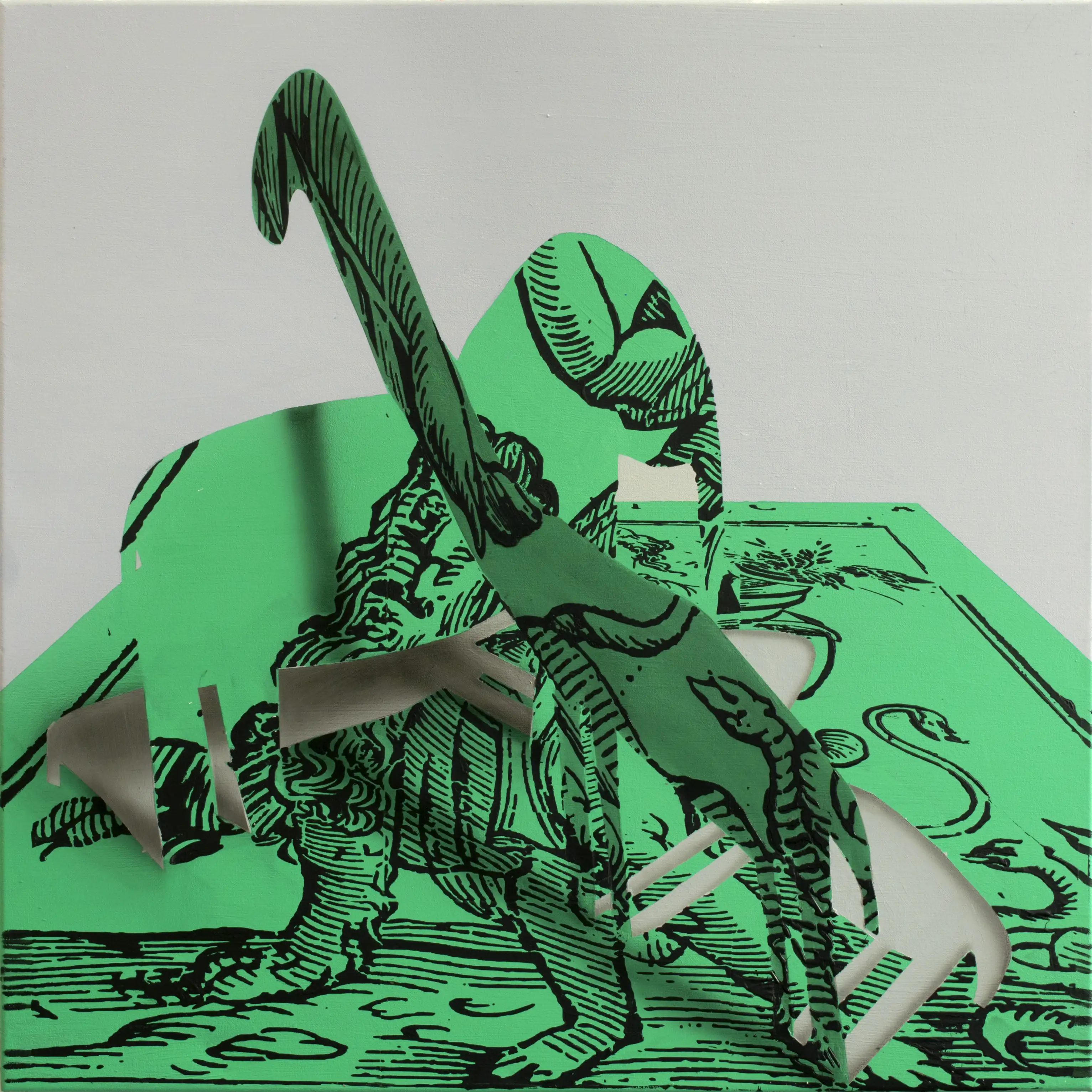 A painting of a few paper cut out animals. 
