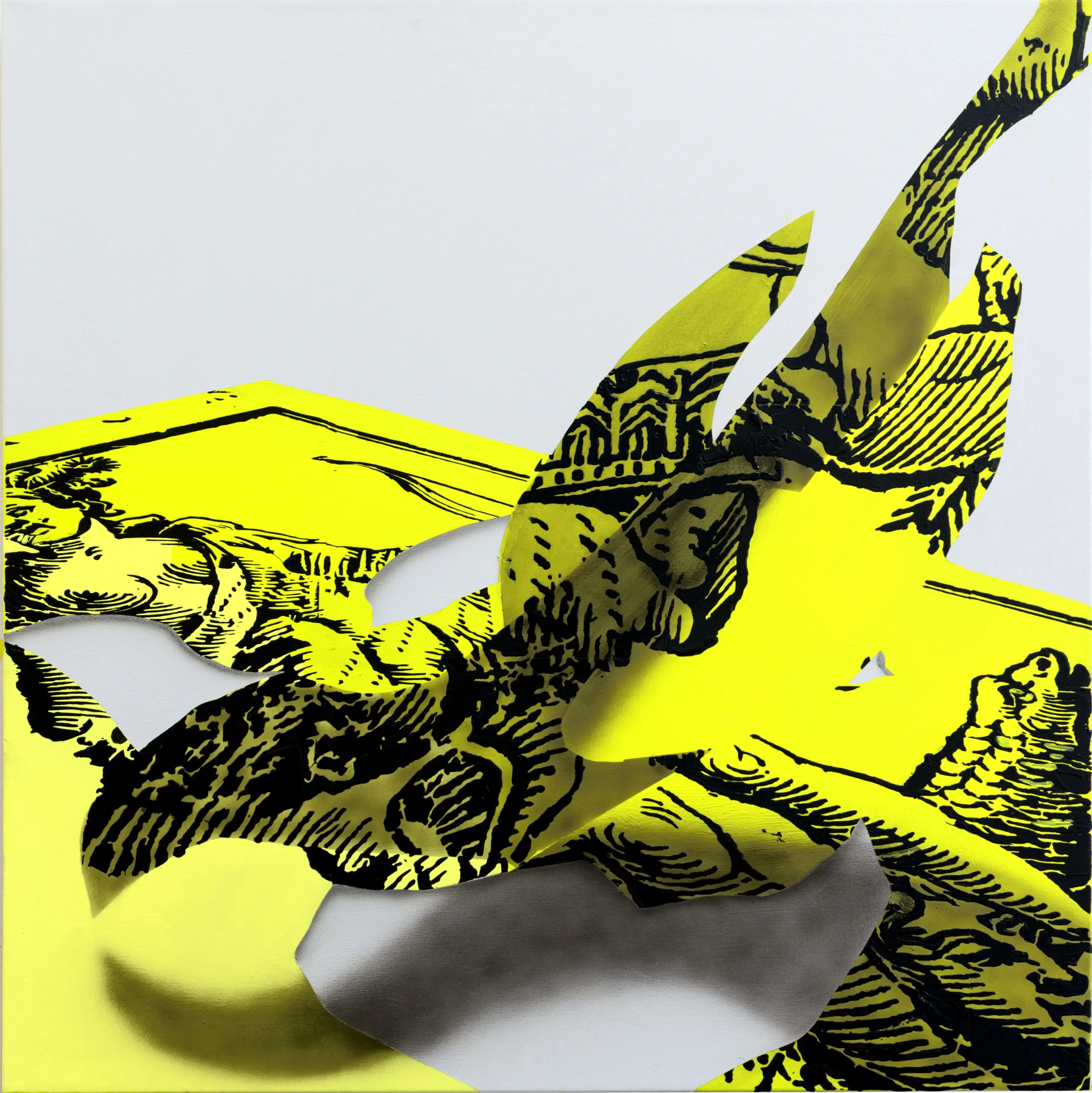 A painting of a few paper cut out animals. 