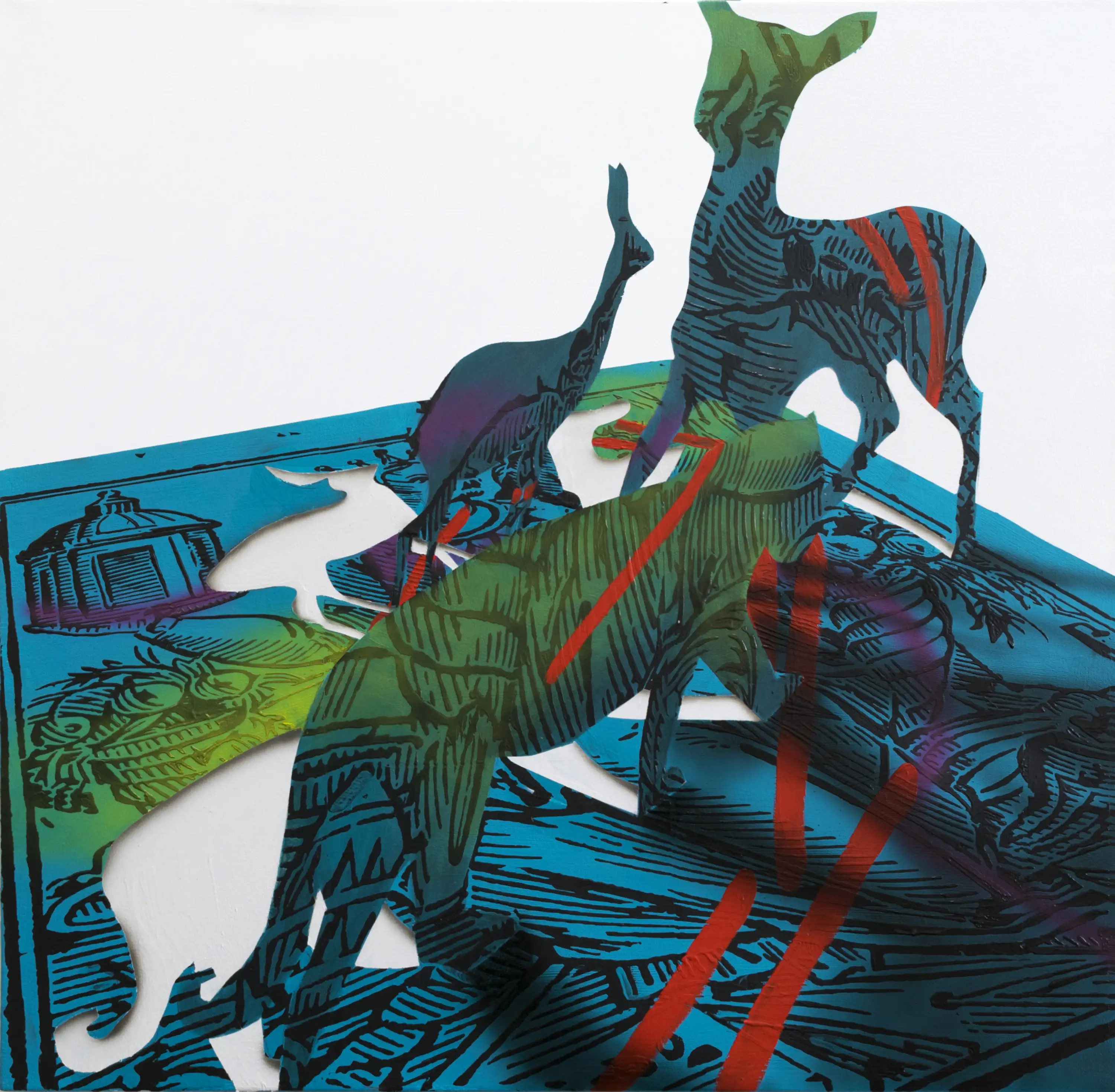 A painting of a few paper cut out animals. 
