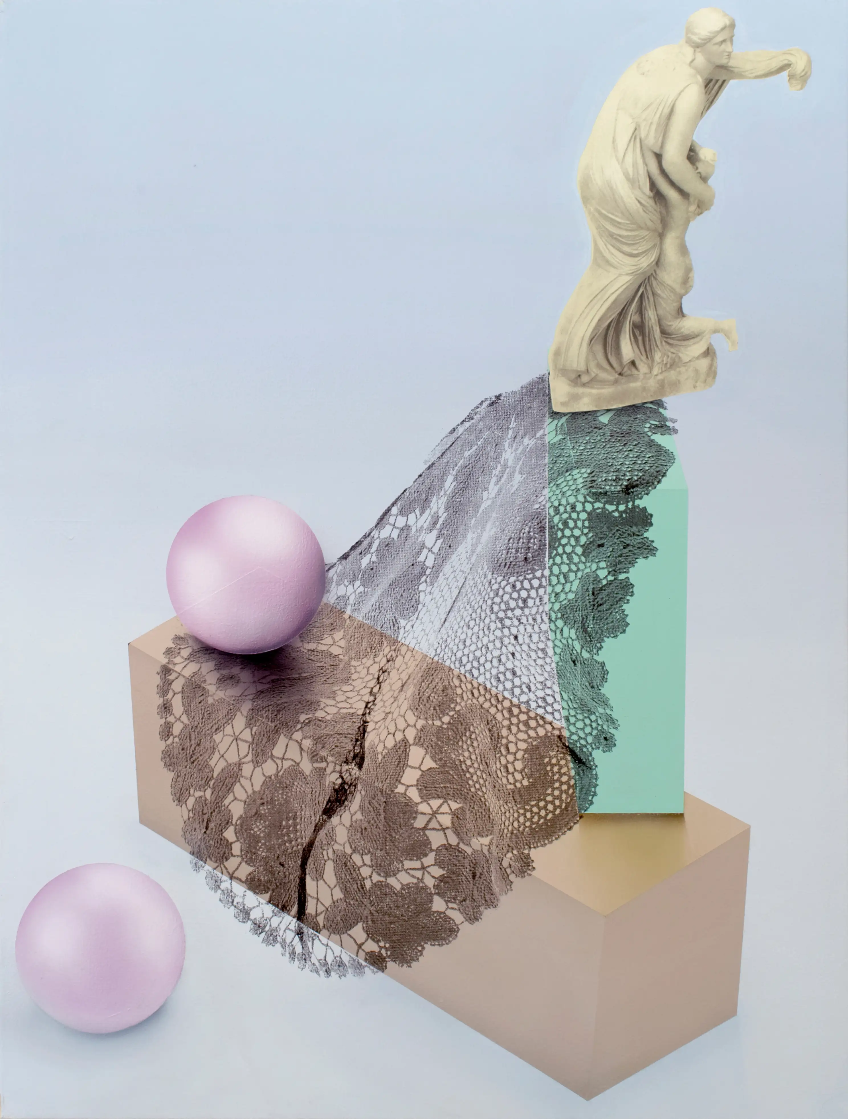 A painting of a sculpture of a woman on top of a few cubes and a lace fabric.
