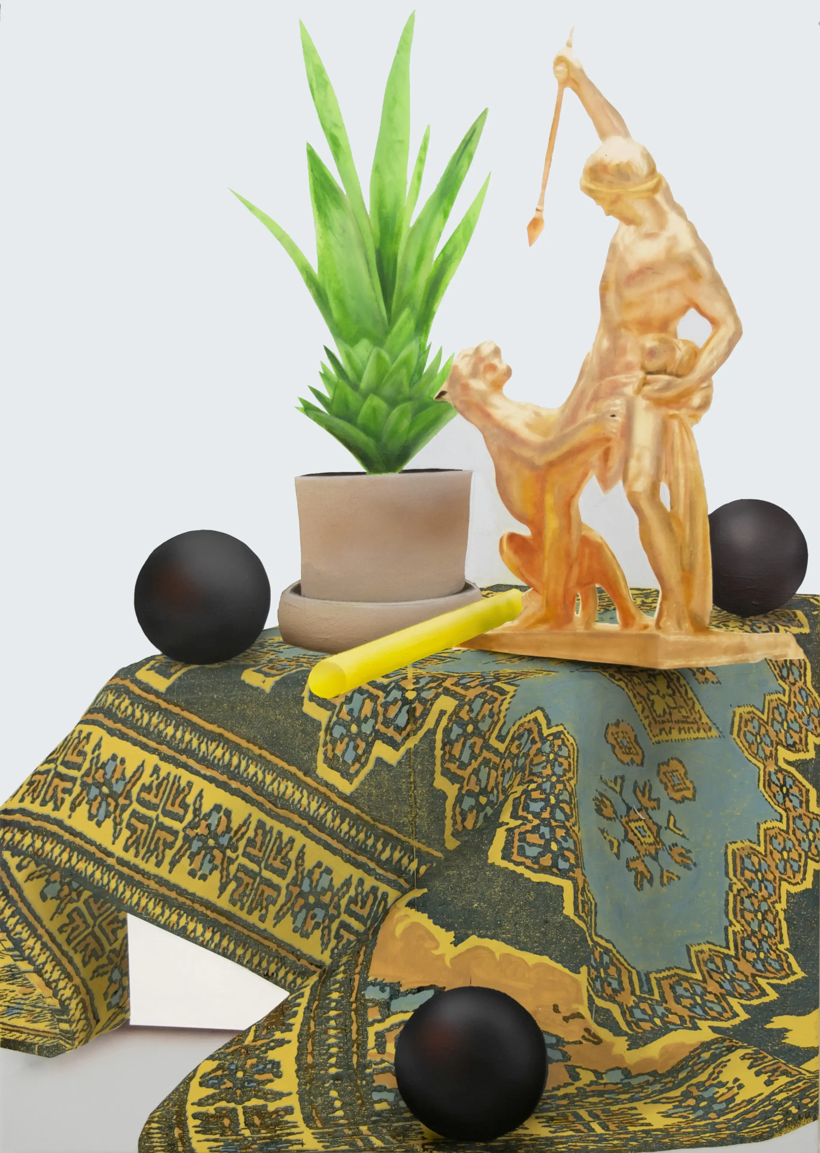 A painting of a potted plant sitting on top of a table next to a statue.