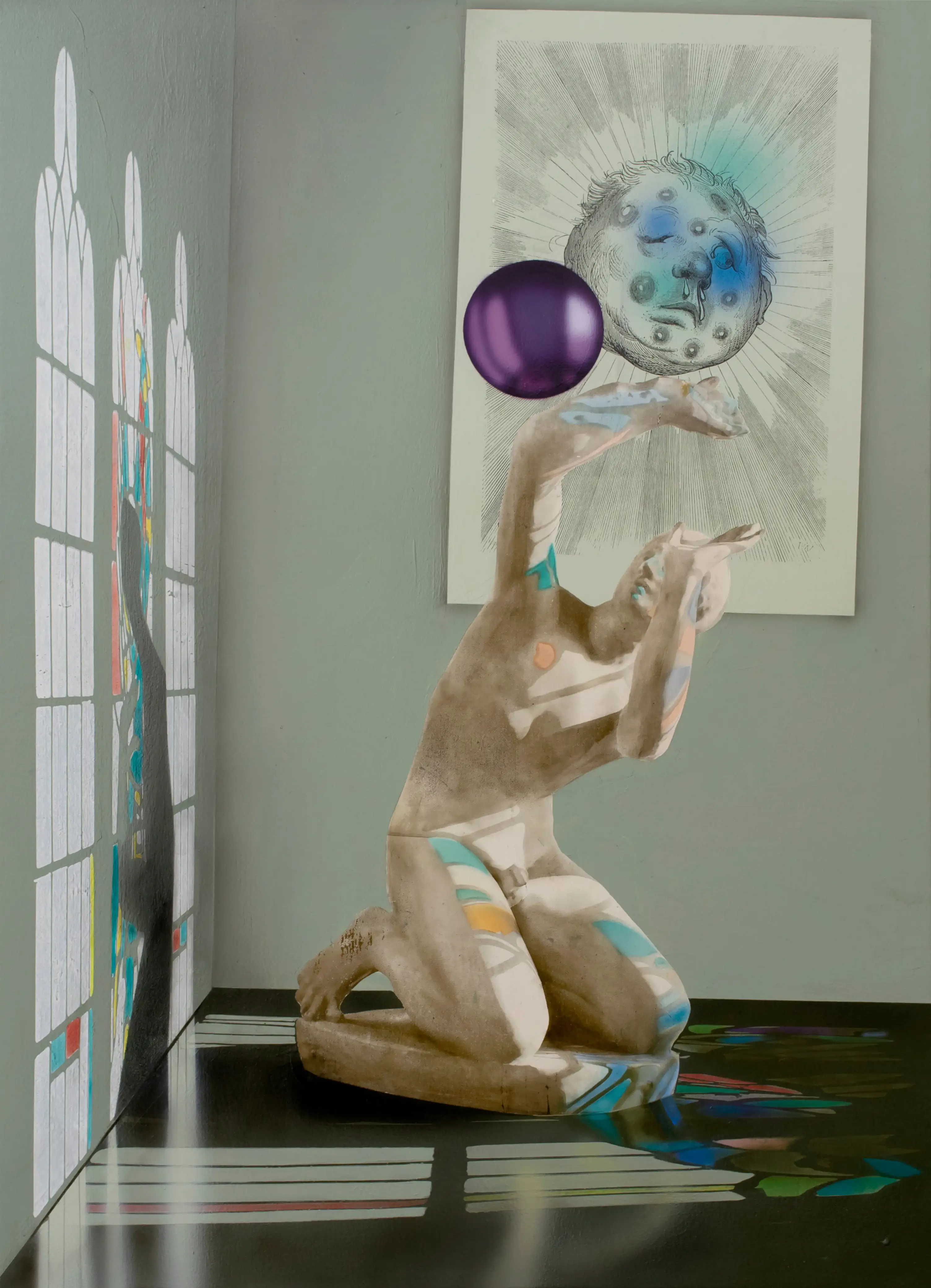 A painting of a sculpture of a man with a purple ball.