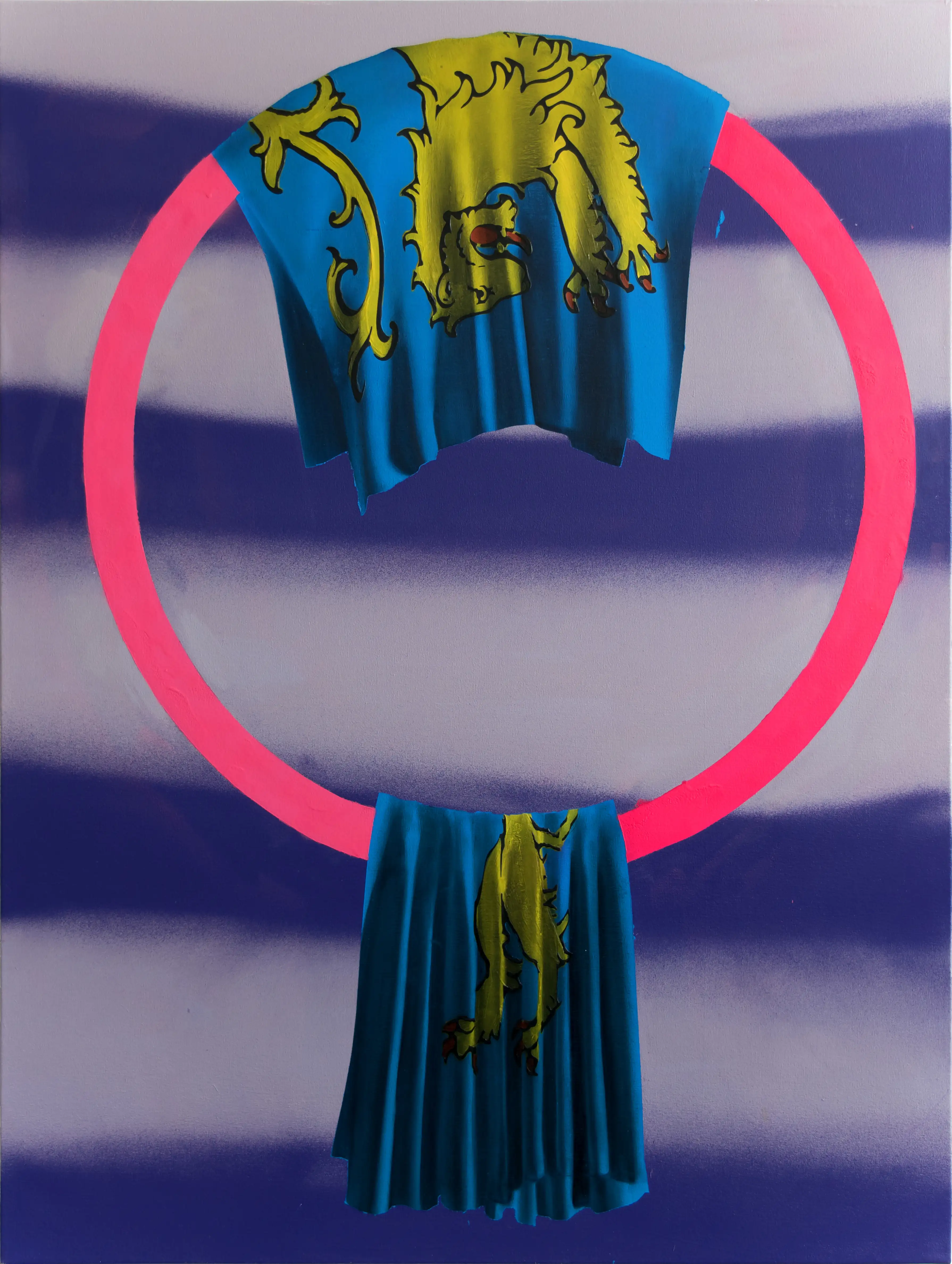 A painting of a two patterned fabrics hanging on a hoop.