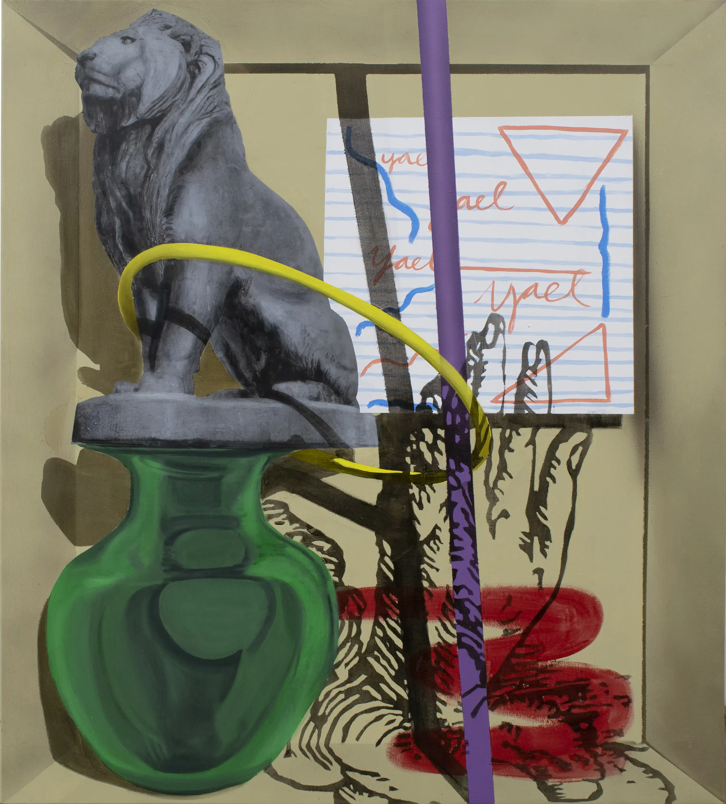 A painting of a green vase with a lion on it.