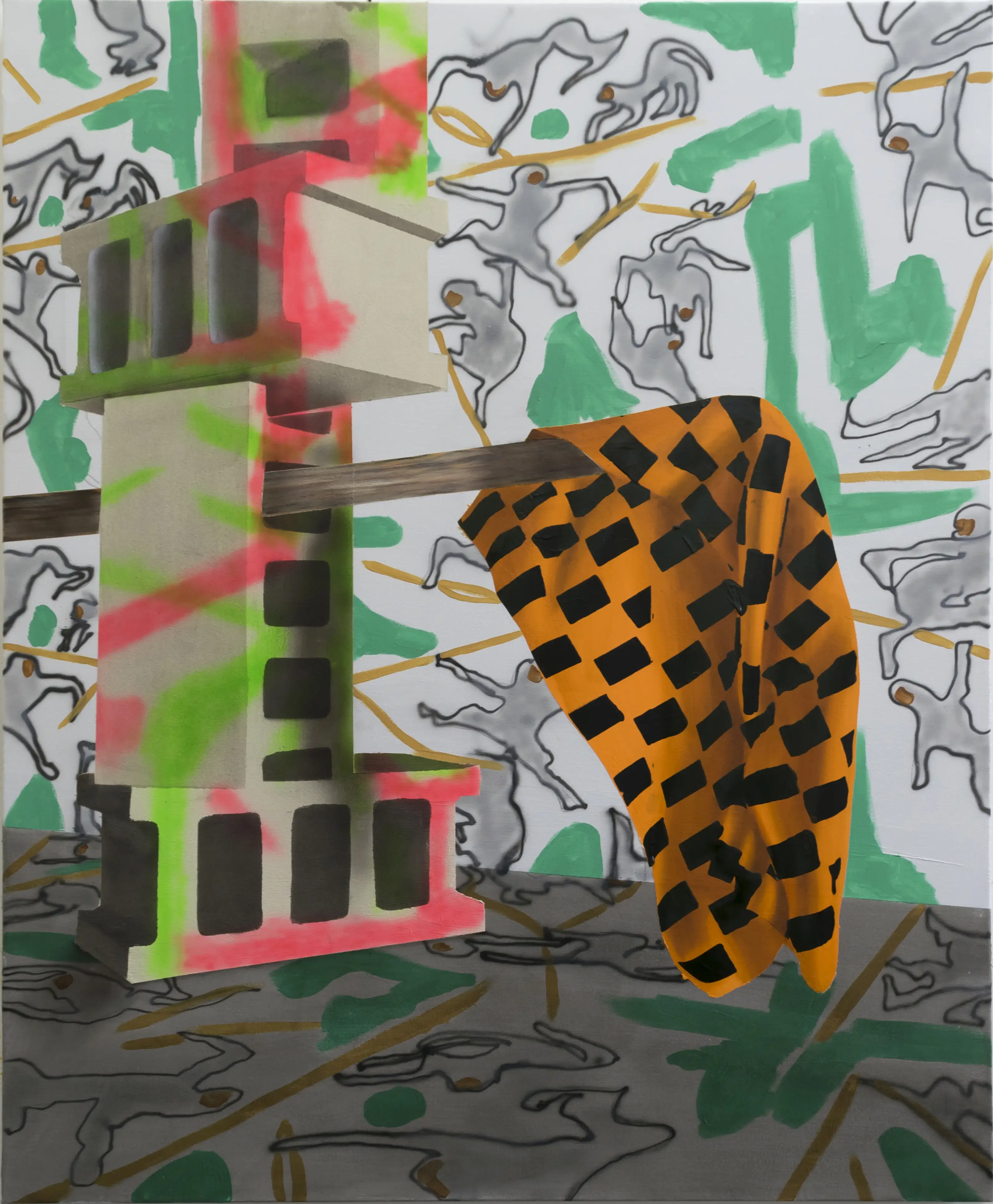 A painting of concrete bricks through which rests a flag.