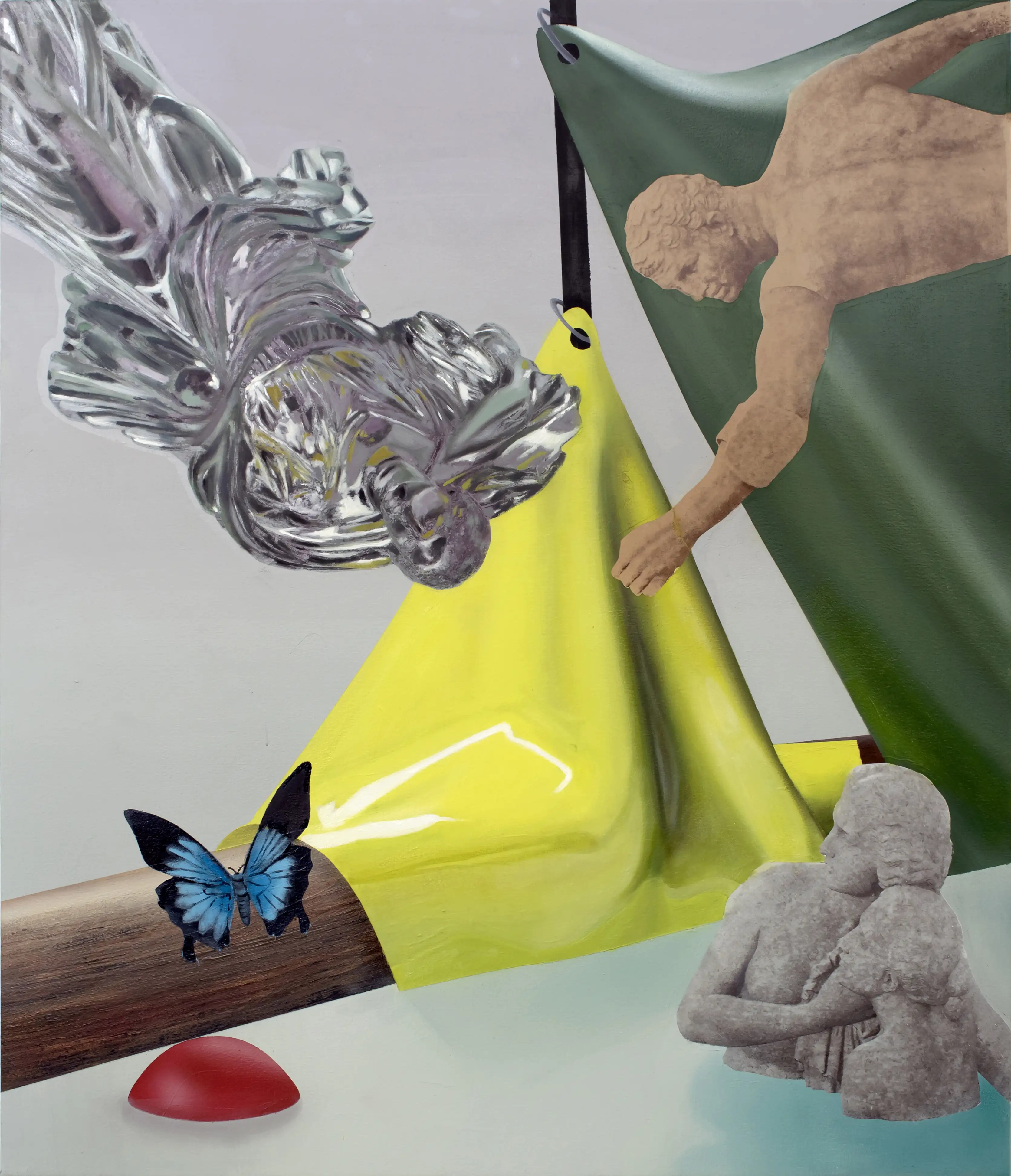 A painting of a few statues in a dynamic composition.