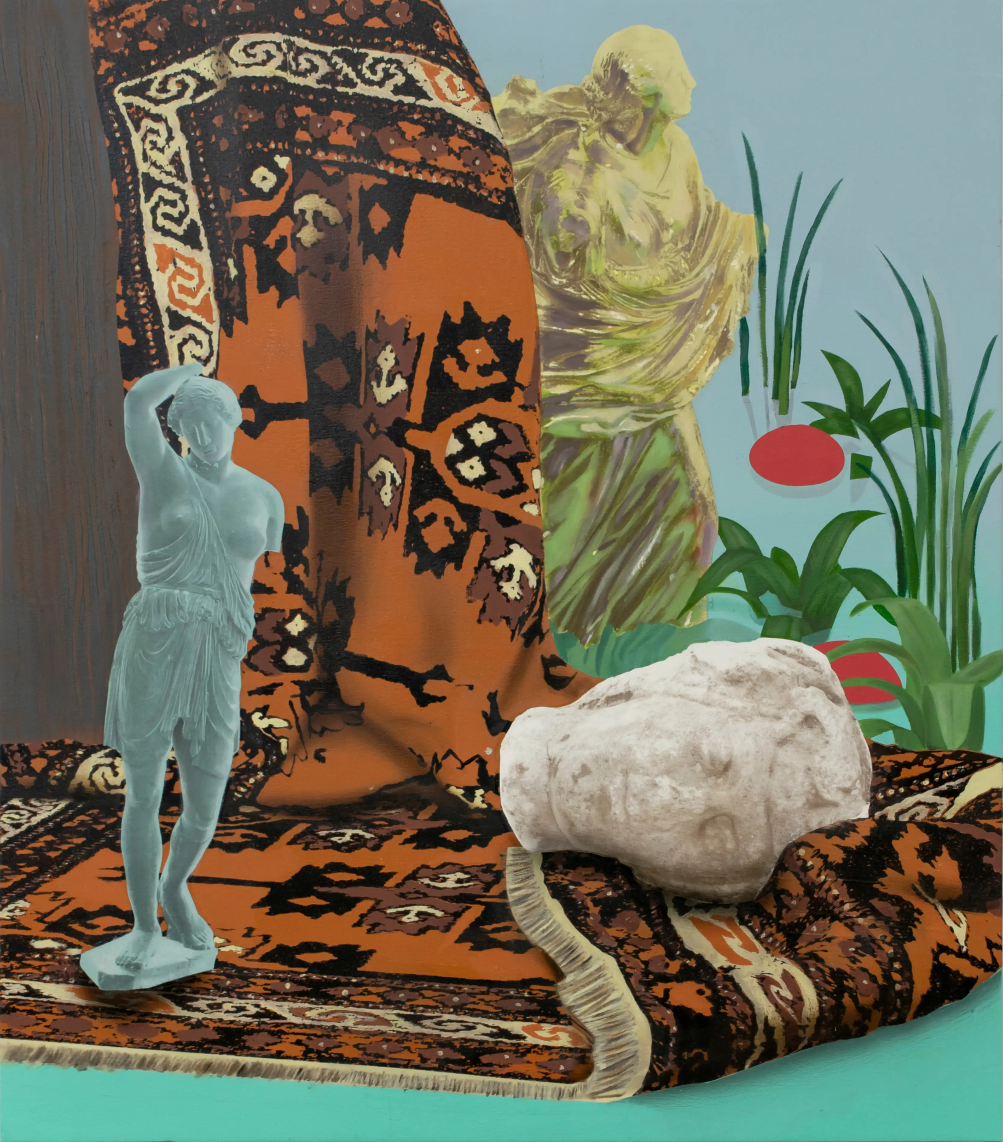 A painting of a man standing next to a rug.