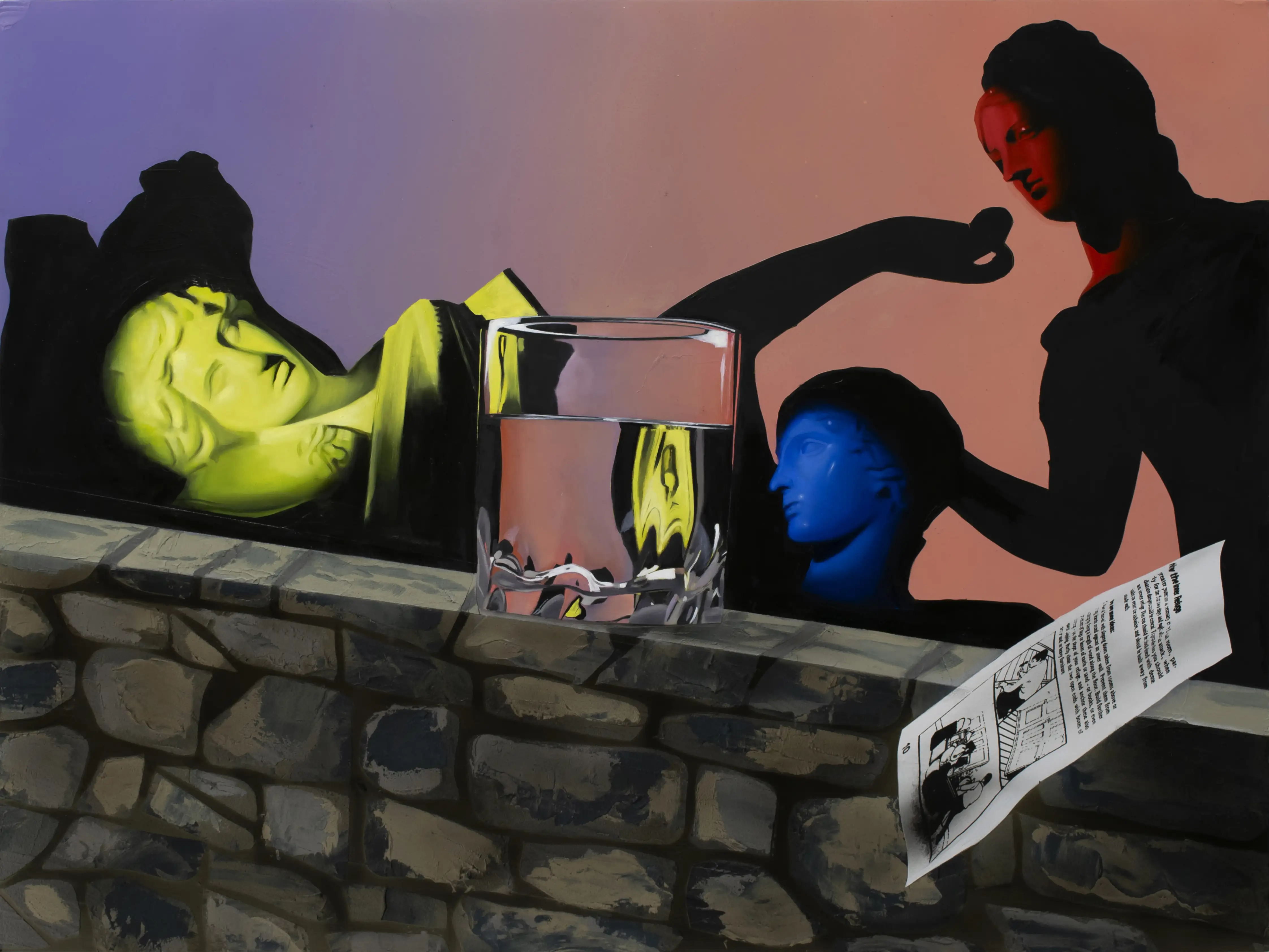 A painting of a three statues hiding behind a stone wall on which a glass of water is placed.