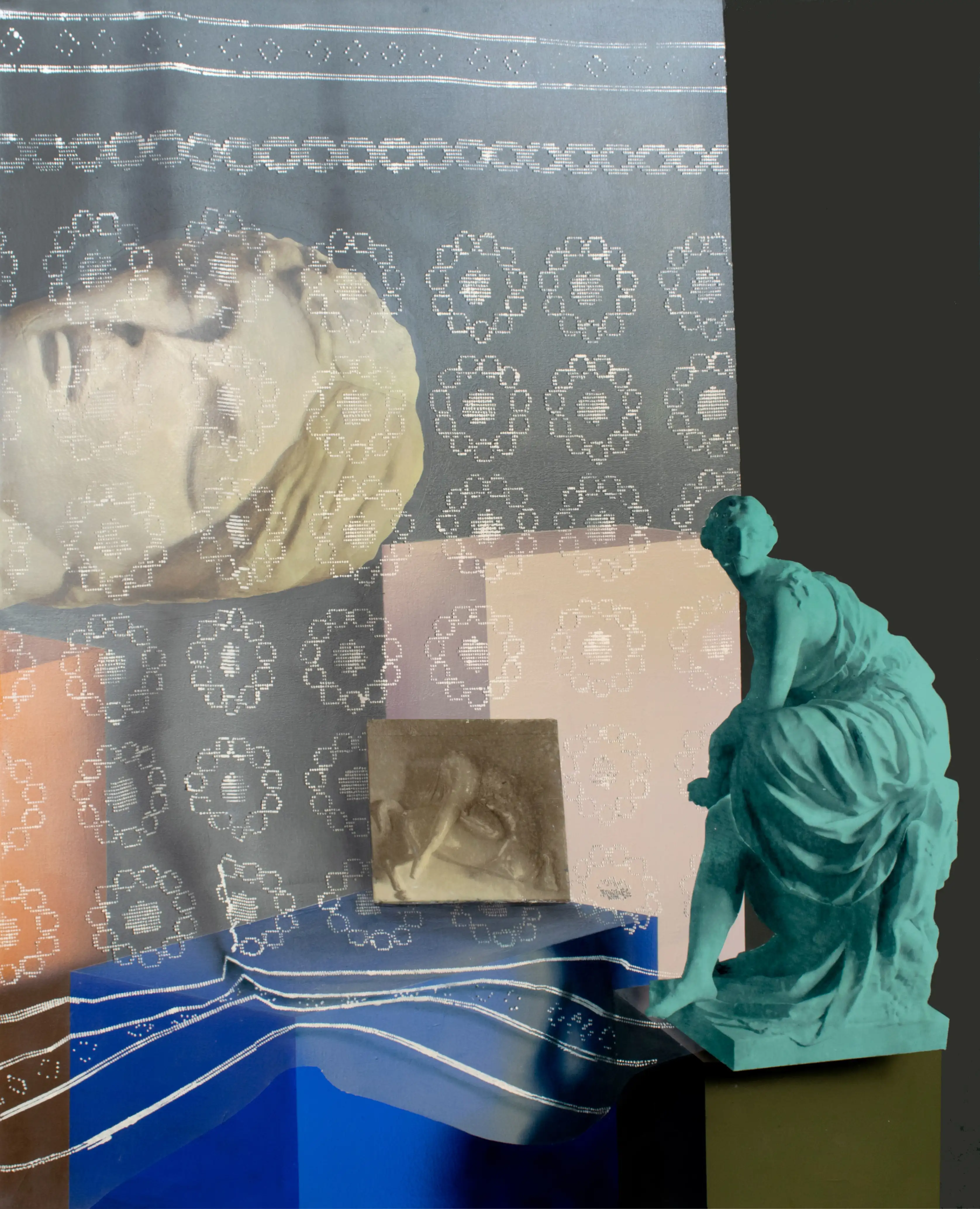 A painting of a statue of a woman sitting on a table.