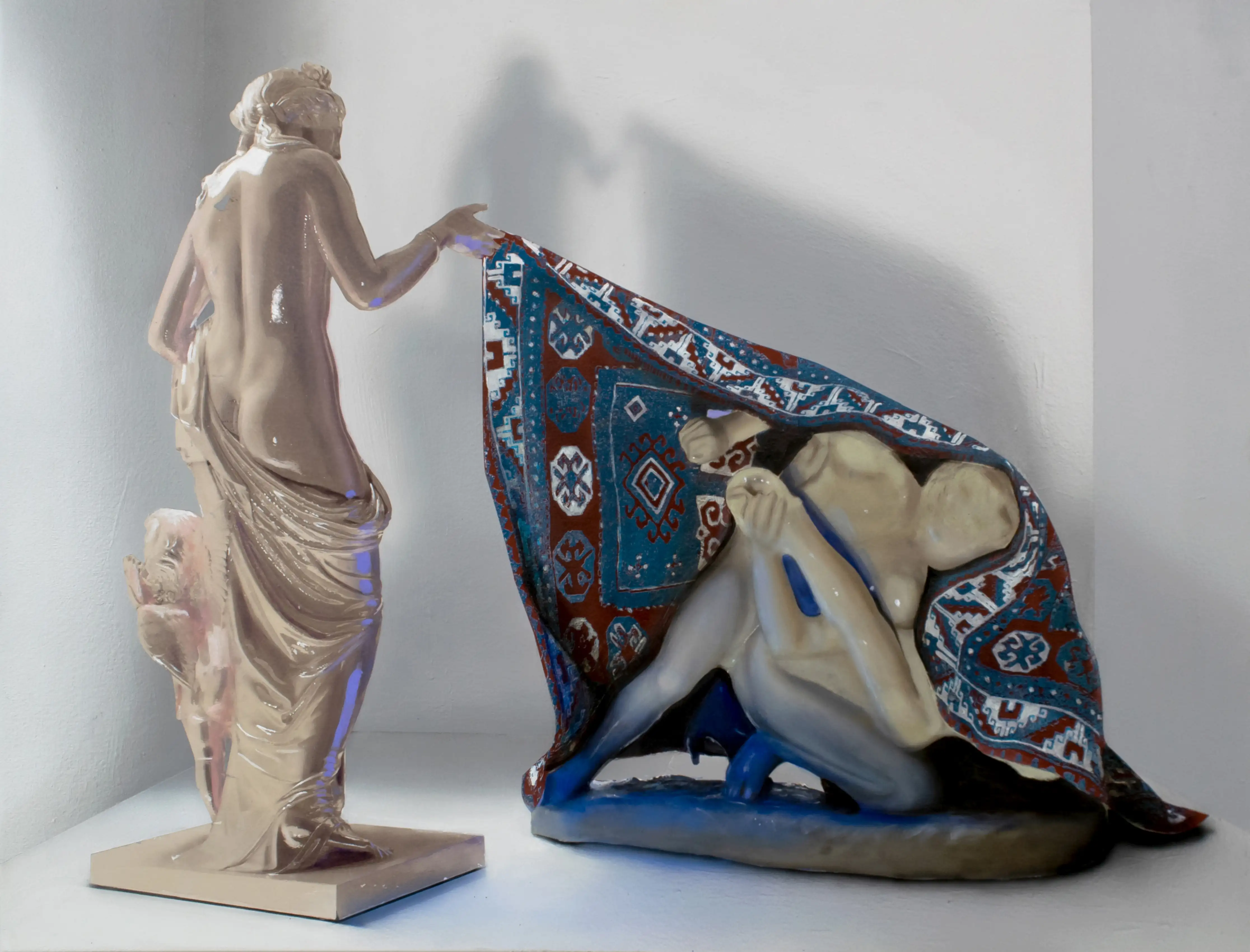 A painting of a statue of a woman holding a shawl next to a sculpture of a woman.