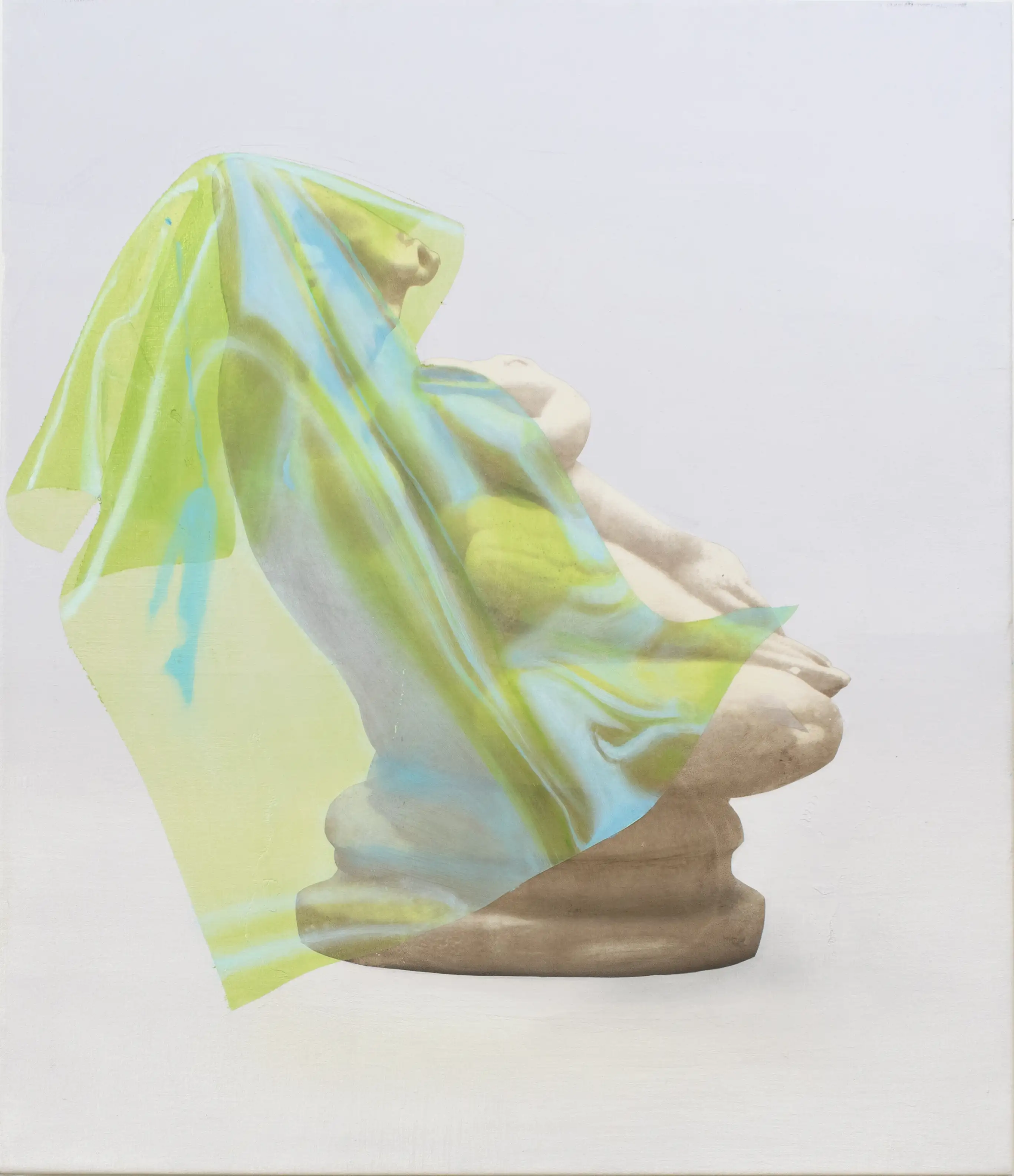A painting of a sculpture of a woman with a veil on her head.