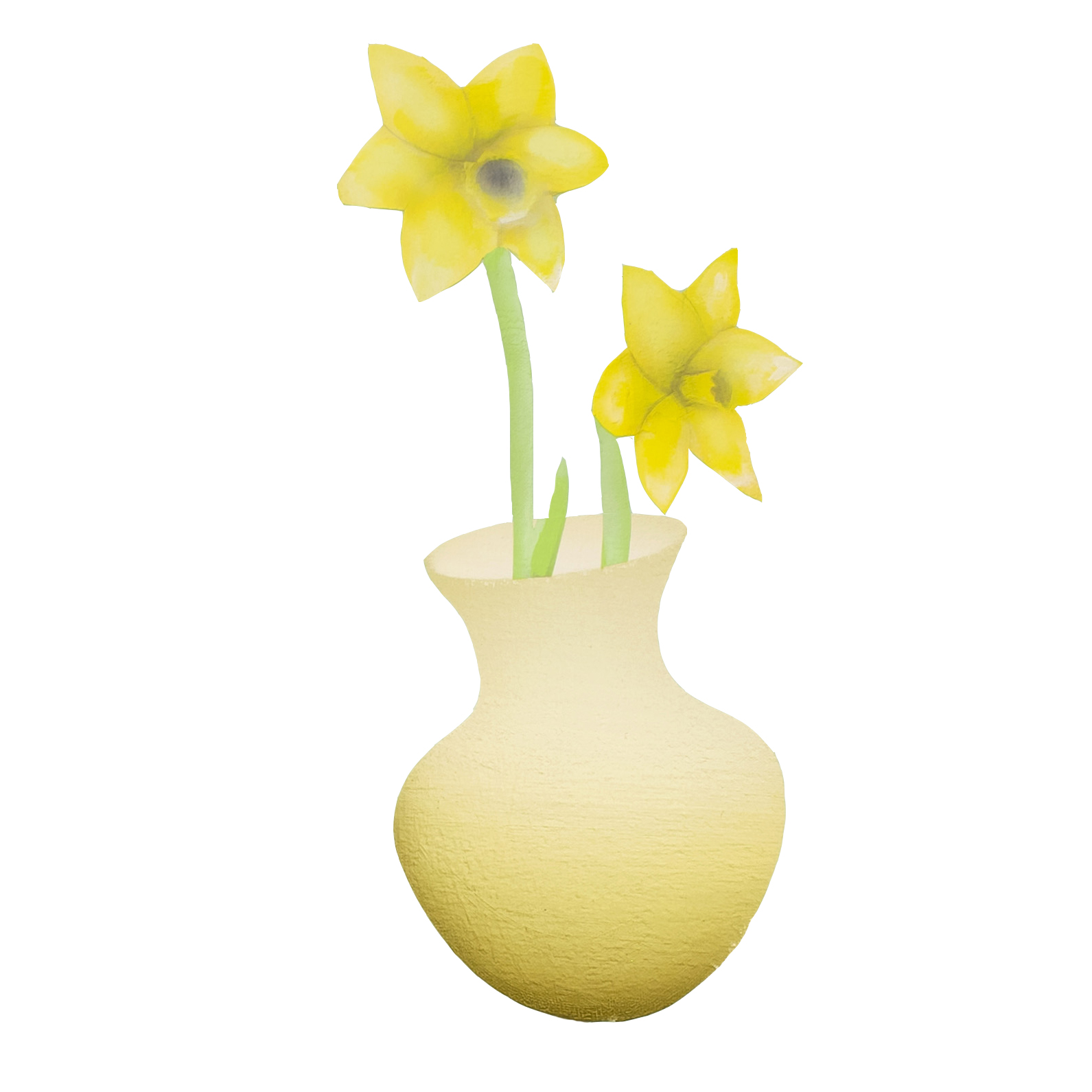 A yellow vase with two yellow flowers in it.
