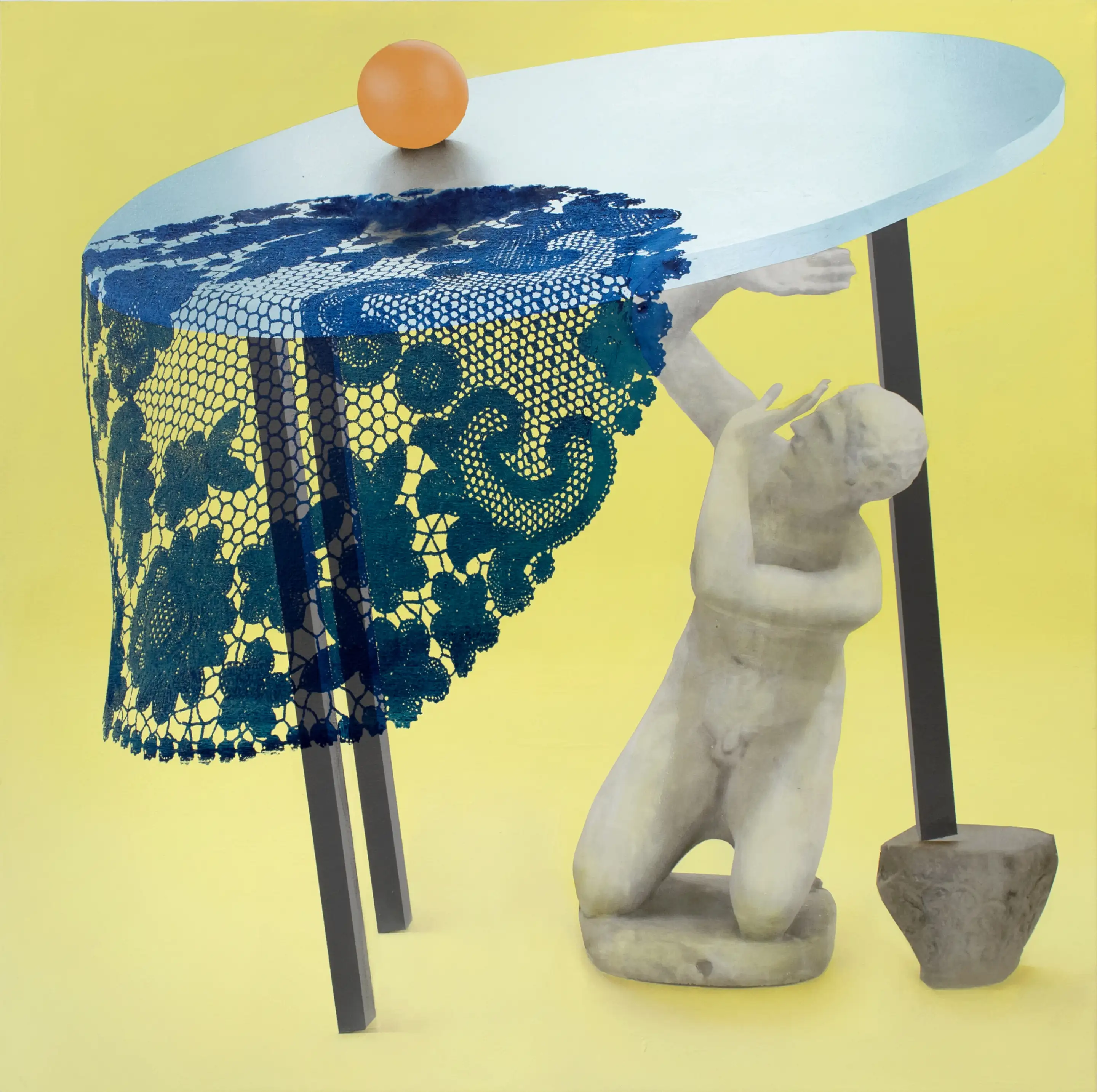 A painting of sculpture of a person reaching for an object on a table.