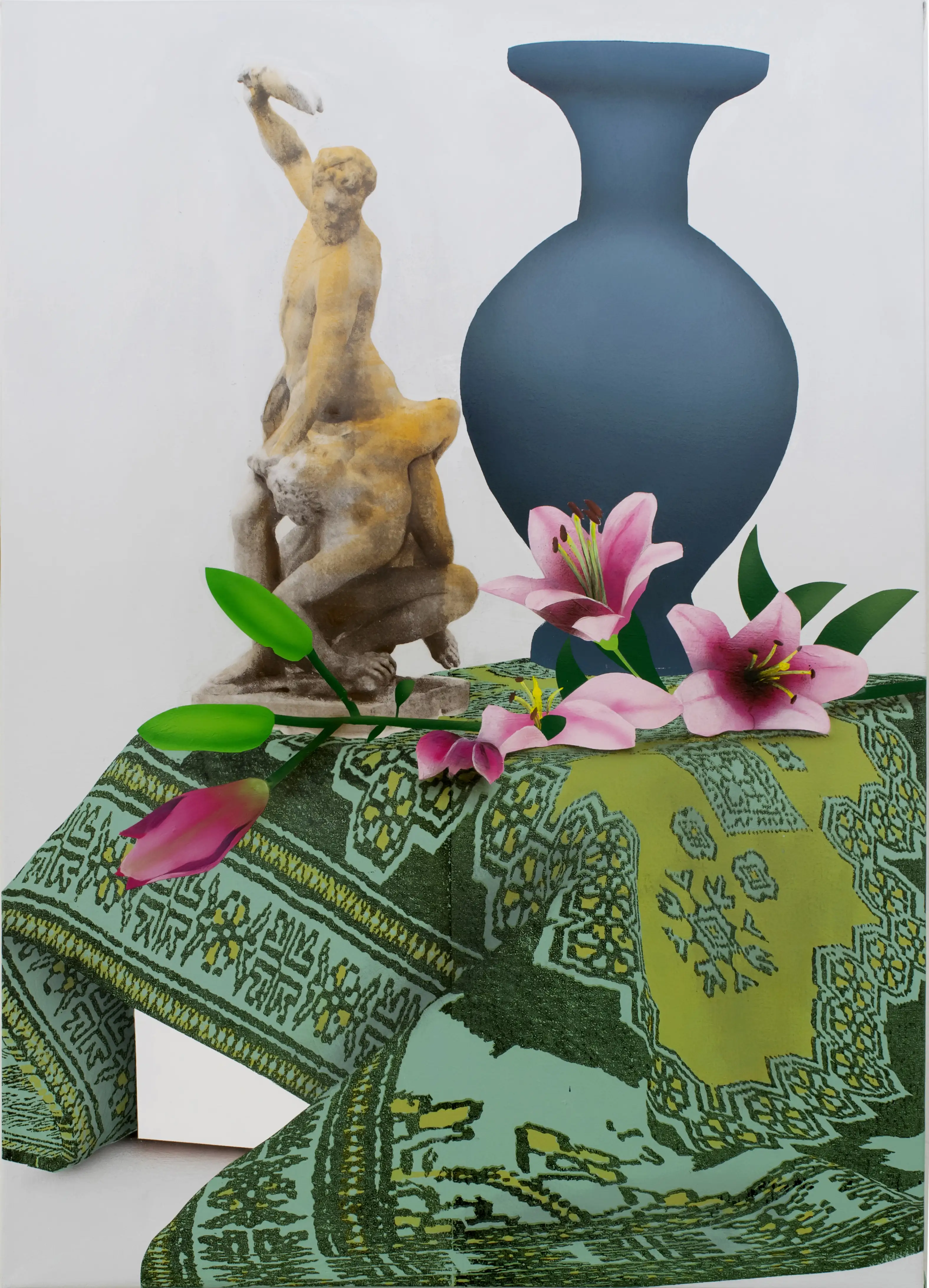 A painting of a vase with flowers and a statue.