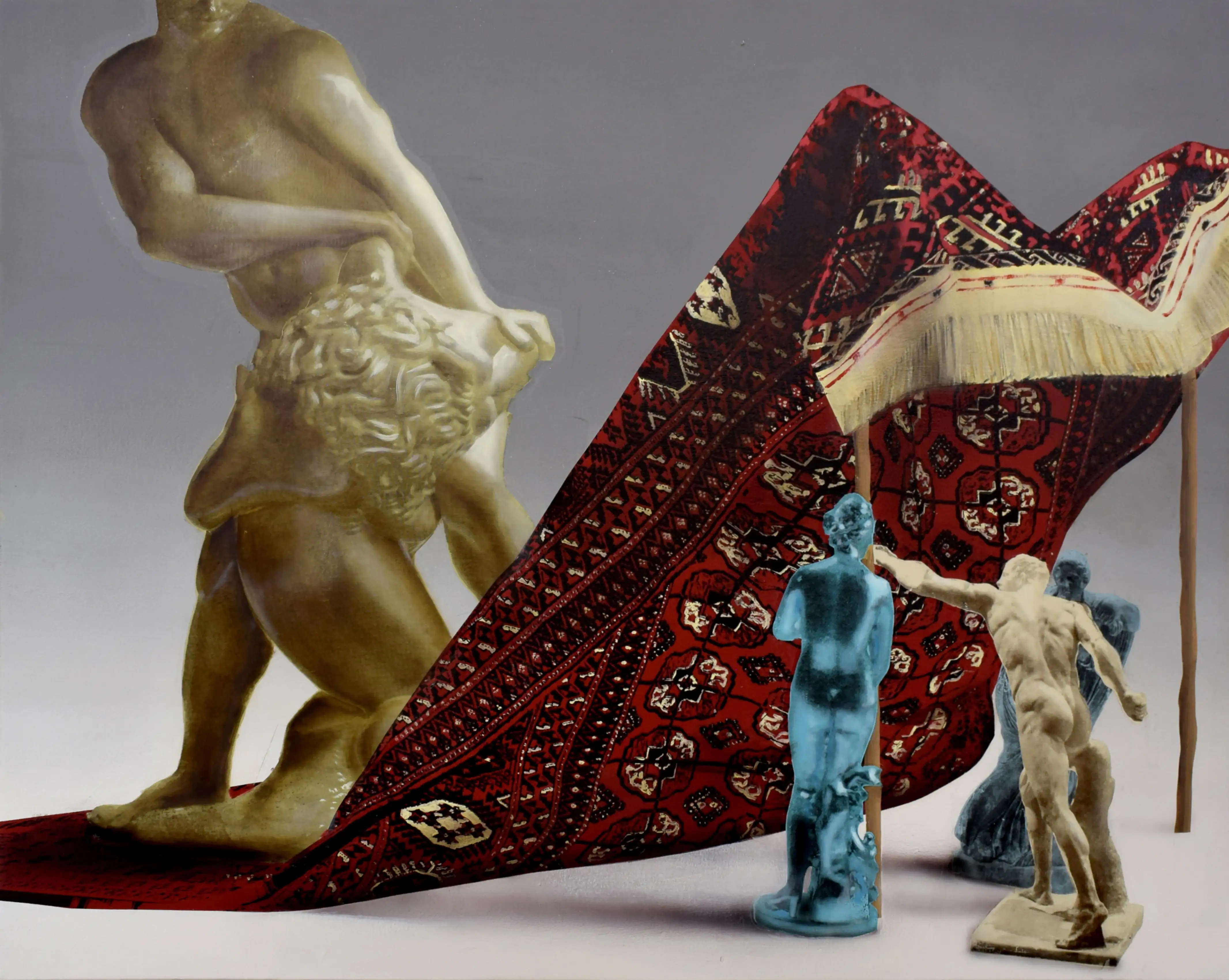 A painting of statues standing next to a hanged rug.