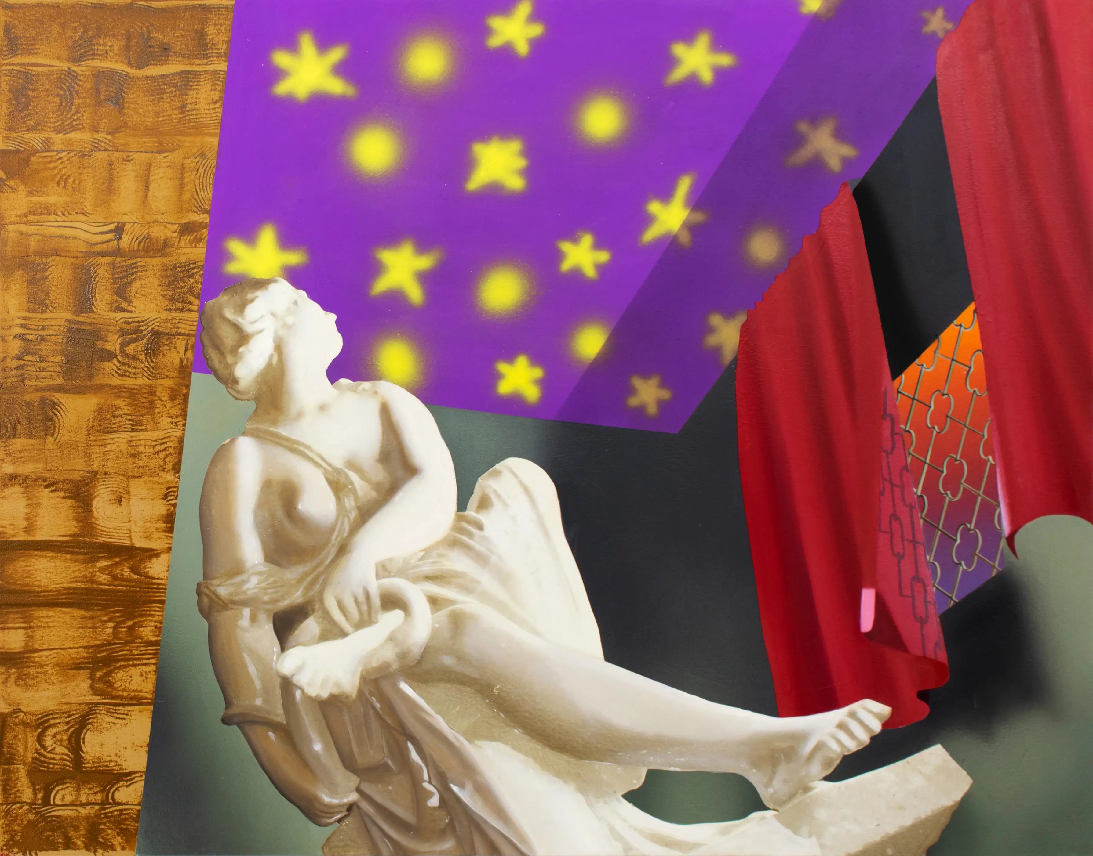 A painting of a white statue in a room.